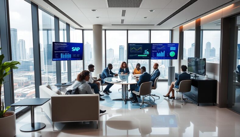 A modern corporate office interior representing KPMG Nigeria, featuring sleek furnishings and contemporary design elements. Include a vibrant cityscape visible through large windows, showcasing the bustling atmosphere of Lagos. Incorporate subtle hints of technology, such as digital screens displaying SAP software interfaces and business development charts. Create an environment that exudes professionalism and collaboration, with a diverse group of professionals engaged in discussions and brainstorming sessions around a central conference table. The overall color palette should be a mix of KPMG's signature blues and greens, reflecting a dynamic and innovative workplace.